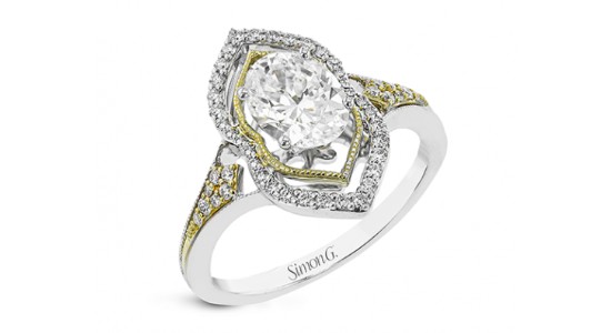 A captivating Simon G. mixed metal engagement ring with vintage-inspired details, available at GMG Jewellers.