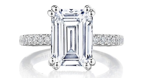 A platinum TACORI engagement ring with an emerald cut center stone, available at GMG Jewellers.